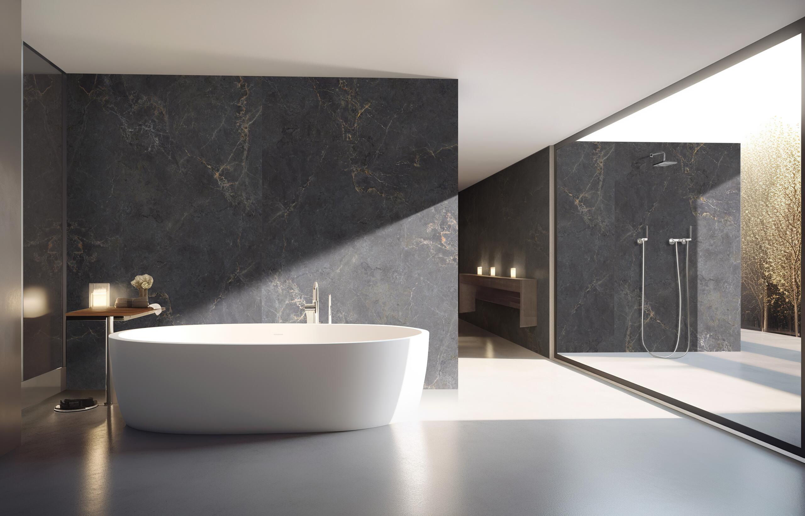 Dark marble bathroom wall and shower surround